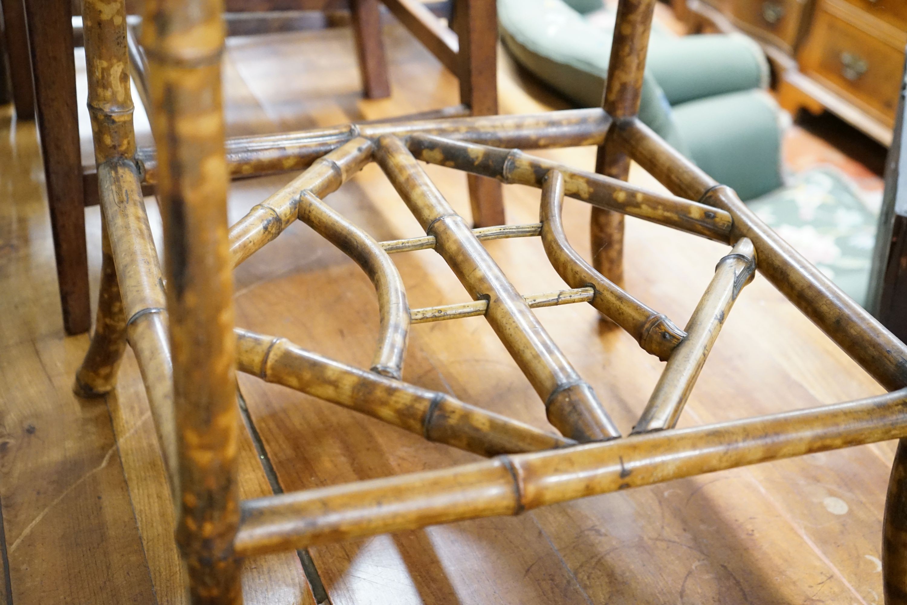 A Victorian bamboo parquetry topped games table, width 59cm, depth 59cm, height 69cm